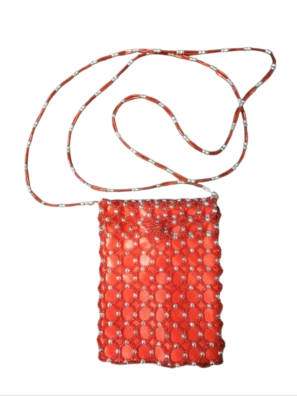 Red Beaded Crossbody Evening Bag, Hoop Clasp, Red Nylon, Red/Silver Beads - Picture 8 of 9